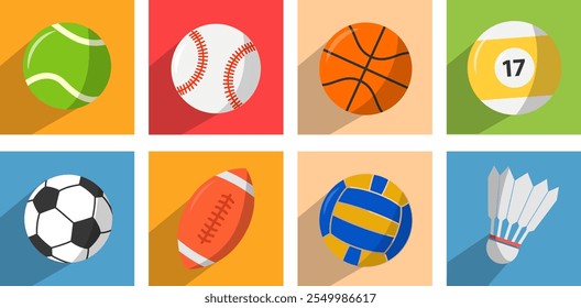 Balls icon set for various sports games, realistic vector illustration set. Exercising inventory for sportsmen flat objects on multicolored background.