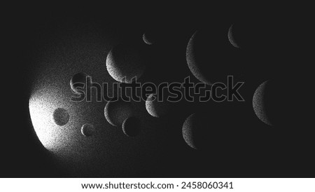 Balls levitate and fly towards the glowing hole, tunnel or wormhole. Exit from darknes, light at end of tunnel concepts. Stippling style. Dotwork. Pointillism. Shading using dots. Vector illustration