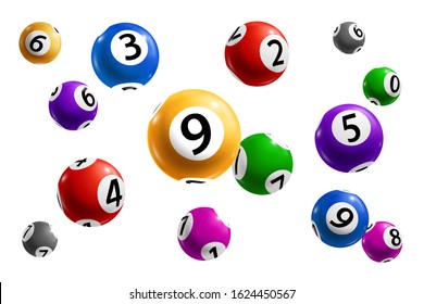 Balls with numbers of bingo lottery, lotto and keno gambling games 3d vector design of gaming sport, game of chance and casino leisure. Realistic spheres with jackpot winning numbers combination