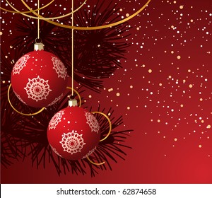 Balls on the Christmas tree and snow