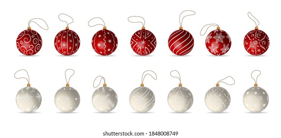 Balls on the tree. Christmas tree balls red and white colour set isolated on white background. Winter holidays and celebrations concept. Vector illustration