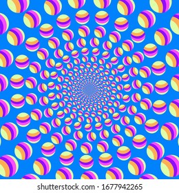 Bolas. Ilusión óptica de bolas de colores moviéndose sobre un fondo azul. 