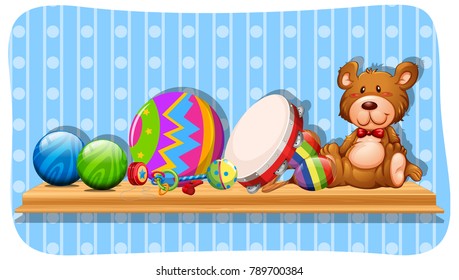 Balls and other toys on the shelf illustration