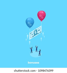 Balls with a percent sign raise a denomination bill and men in business suits attempting to spoof it, an isometric image
