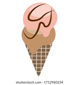 
Balls of pink and chocolate ice cream in a cone on a white background. Tasty, festive, vector illustration.