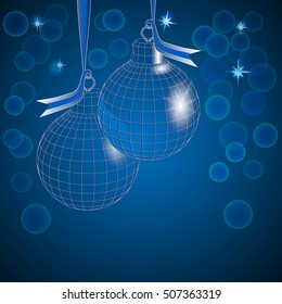 ?hristmas balls polygonal background on ribbons. Blue