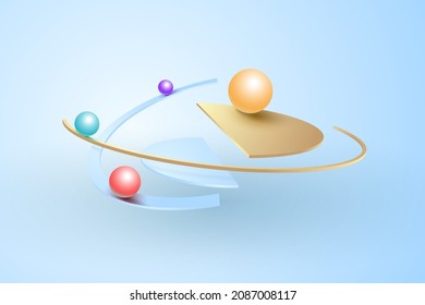 Balls roll in a gold rings and circles cut 3d perspective geometric shape vector