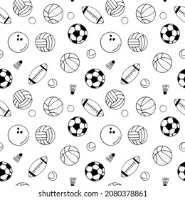 balls seamless pattern. hand drawn doodle. vector, scandinavian, nordic, minimalism, monochrome. sports equipment, game, football, basketball, volleyball, baseball, bowling, tennis, rugby.