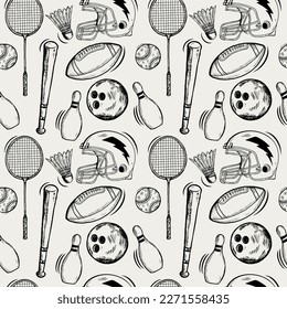 Balls seamless pattern. hand drawn doodle.sports equipment, game,badminton,  baseball, bowling, tennis, rugby.