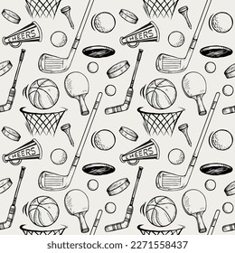 Balls seamless pattern. hand drawn doodle.sports equipment, game,  basketball,  hockey,golf,  tennis, ping pong.