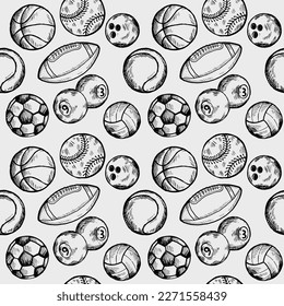 Balls seamless pattern. hand drawn doodle.sports equipment, game, football, basketball, volleyball, baseball, bowling, tennis, rugby.