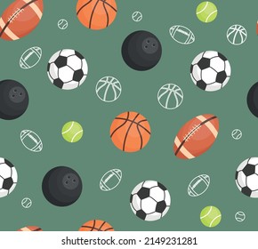 Balls seamless pattern. Repeating picture for printing on present wrapping paper. Sports and active lifestyle, rugby, football, basketball, bowling and tennis. Cartoon flat vector illustration