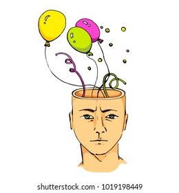 balls, serpentine and confit flies out of the head cut of a man, symbolize festive thoughts in the head, lexes