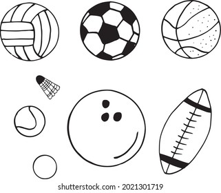 balls set. hand drawn doodle icon. vector, scandinavian, nordic, minimalism, monochrome. sports equipment, game, football basketball volleyball baseball bowling tennis rugby