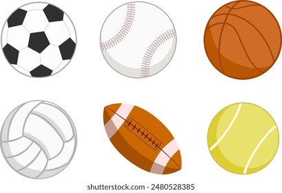 Balls set -- soccer, baseball, basketball, volleyball, American football, tennis ball