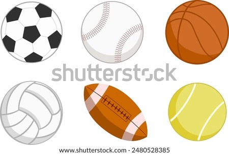 Balls set -- soccer, baseball, basketball, volleyball, American football, tennis ball