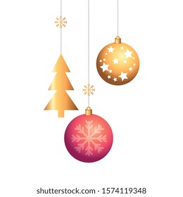balls with snowflakes and pine tree christmas hanging vector illustration design