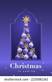 Balls and snowflakes in shape of Christmas tree. Modern Christmas illustration with inscription: Christmas is coming. 