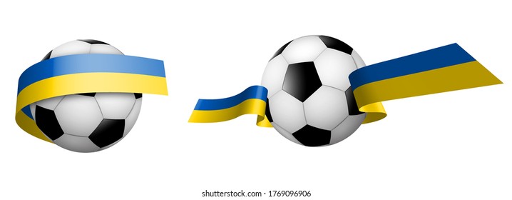 balls for soccer, classic football in ribbons with the colors of Ukrainian flag. Design element for football competitions. Ukrainian national team. Isolated vector on white background
