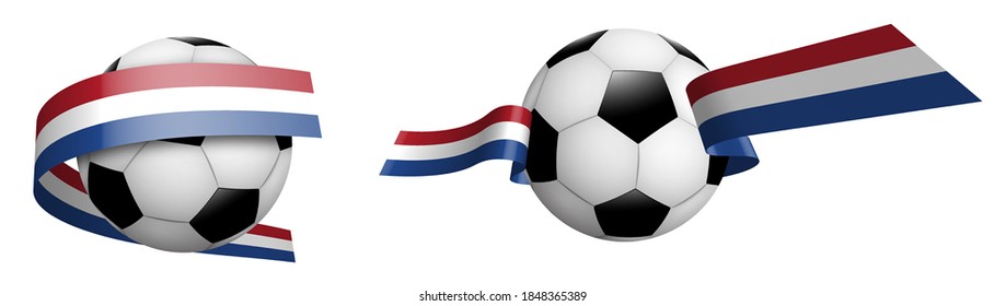 balls for soccer, classic football in ribbons with colors flag of Holland, Netherlands. Design element for football competitions. Holland national team. Isolated vector on white background