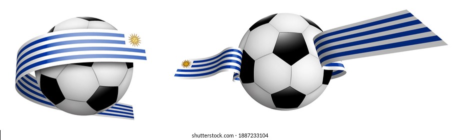 balls for soccer, classic football in ribbons with colors Flag of Uruguay. Design element for football competitions. Isolated vector on white background