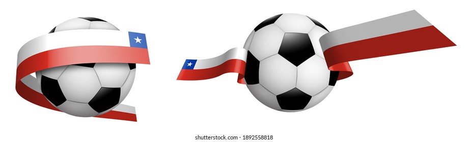 balls for soccer, classic football in ribbons with colors Chile flag. Design element for football competitions. Isolated vector on white background