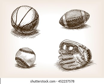 Balls and sport glove sketch style vector illustration. Old engraving imitation. Sport equipment vintage drawings