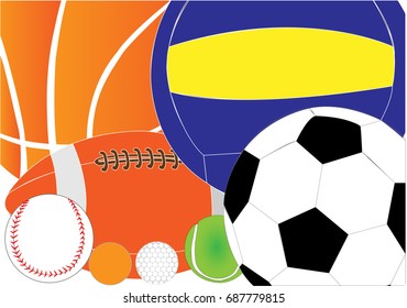 Balls in sport. - illustration,Ball, Volleyball, Soccer, American Football, Basketball,
badminton, Tennis,Baseball, Golf 