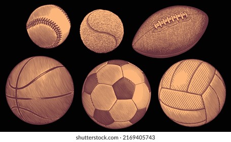 Balls for sports games. Design set. Editable hand drawn illustration. Vector vintage engraving. 8 EPS