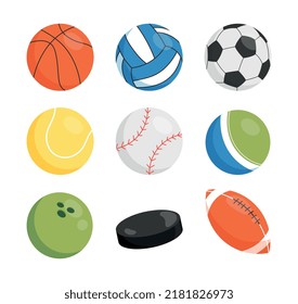 Balls for sports set. Collection of equipment for team sports. Football, tennis, hockey, volleyball, rugby, bowling and basketball. Cartoon flat vector illustrations isolated on white background