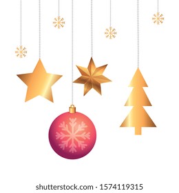 balls with stars and pine tree christmas hanging vector illustration design