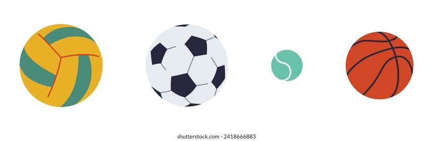 Balls for team sports games color vector icon set. Volleyball football tennis and basketball illustration pack on white background