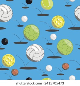 Balls that belong in a handball, volleyball, jai alai, tennis, pickle ball or squash court all bouncing on a blue background creating a repeat vector seamless design.