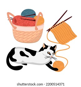 Balls of thread in a basket, a playing cat and a piece of textured knitwear isolated on a white background.Vector clipart set on the theme of hand knitting in flat style.Drawn for design card,poster.