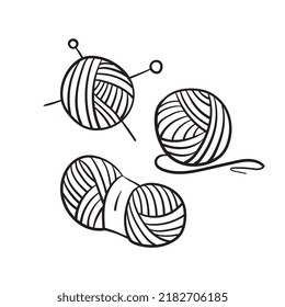 Balls of thread for knitting black and white graphics. Vector illustration in doodle style.