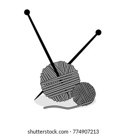 balls of thread with knitting needles in shades of black, gray and white colors, logo, vector illustration