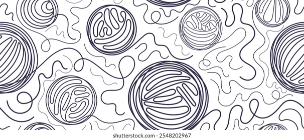 Balls of thread. Round skein of knitting. Vector line pattern. Crafting hand hobby. Merino, wool for knit needles, cotton for crochet, linen. Sketch background for handmade textile