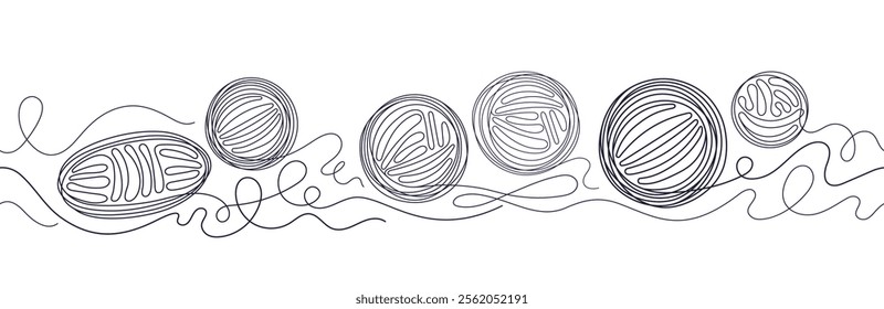 Balls of thread. Round skein of knitting. Vector seamless pattern. Line horizontal frieze. Crafting hand hobby. Sketch print for handmade background, textile design, fashion design concept