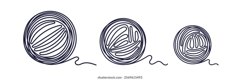 Balls of thread, skein to knit. Hobbies, handicrafts. Vector line illustration of cashmere, acrylic, merino and wool yarn. Simple texture graphic set. Editable contour. Sketch for handmade logo