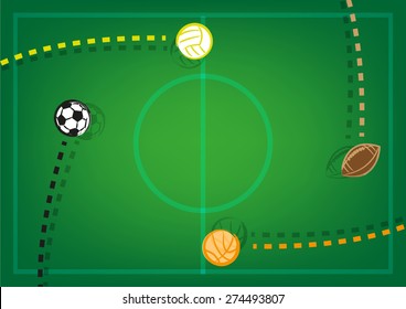 Balls Thrown or Kick to a Field. Editable EPS10 Vector.