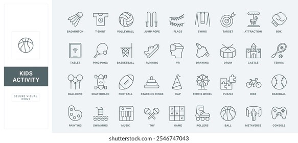 Balls and toys, birthday cap and balloon, swing thin black outline symbols vector illustration. Kindergarten and school games in park, sport equipment and entertainment line icons set.