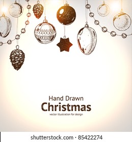 Balls, toys and fir-cone for christmas design. Hand drawn vector.