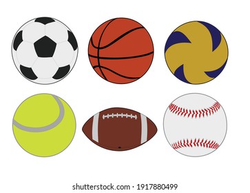 balls for various sports, for football, basketball, tennis, rugby, tennis and baseball isolated on a white background