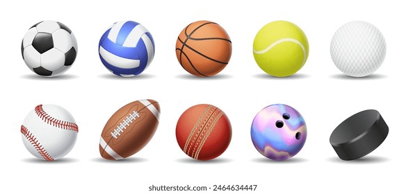 Balls for various sports games realistic vector illustration set. Exercising inventory for sportsmen 3d objects on white background