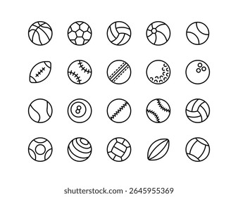 Balls Vector Icon Set | Adjustable Line Weight | Basketball, soccer, volleyball, tennis, baseball, cricket, golf, bowling, billiards, rugby, sports balls, play, games icons