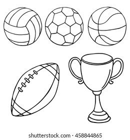 Balls and winner cup icons. Outlined on white background.