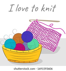 Balls of wool in a basket and knitwear. 