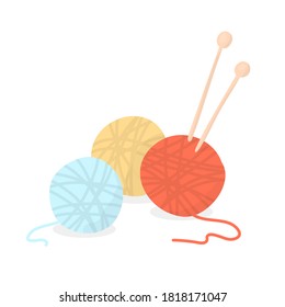 Balls of wool for knitting and knitting needles. Colorful vector illustration. Flat design.