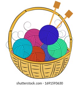Balls of wool and knitting needles lie in a basket. 