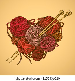 Balls of wool and knitting needles. Shape of a heart. Color card. Engraving style. Vector illustration.